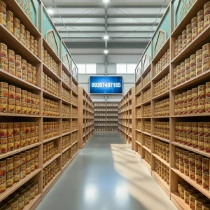 محصول Gain AP MG روی قفسههای MDF در انبار روشن و مرتب، شماره تماس 09397497165 کاملاً واضح و قابل مشاهده.