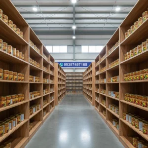 محصولات Gain AP MG بهصورت مرتب روی قفسههای MDF روشن در یک انبار بزرگ، شماره تماس 09397497165 قابل مشاهده، فضای انبار تمیز و سازماندهی شده برای استفاده تجاری.